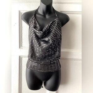 AKIRA Black and Silver Striped Halter Top